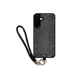 Capa de Silicone Dura de Designer com Cristais de Diamante e Cordão para Samsung Galaxy A37 Preto